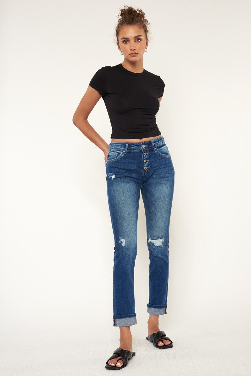 KAN CAN MID RISE CUFFED SKINNY STRAIGHT LEG JEAN